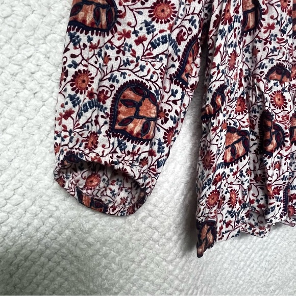 Lucky Brand Blouse Orange Maroon Details Floral Flowy Loose Fit Peasant Sleeve - Picture 3 of 8